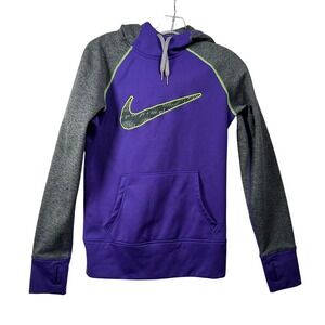 Nike Therma-FIT Purple Grey Hoodie Womens Small Swoosh Raglan Thumbhole D-161